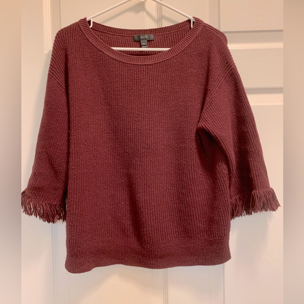 J Crew sweater, fringe at the bottom of sleeves